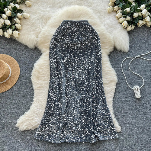 Load image into Gallery viewer, Korean Fashion Spring Black White Elegant Sequin Half Skirt Women Red Grey High Waist New Office Lady Wrapped Hip Fishtail Skirt
