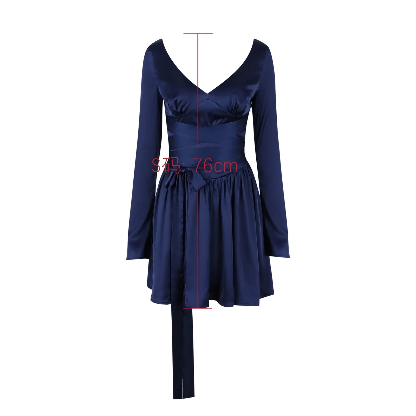 Autumn and Winter Long Sleeve Dress Navy Blue Long Belt A Line Mini Dress V Neck Casual Women's Clothing