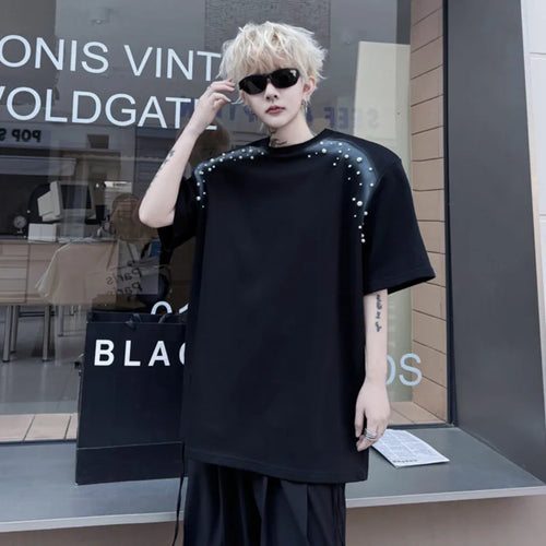 Load image into Gallery viewer, Summer New T-shirts Spray Painted Nail Bead Decoration Loose Round Neck Men&#39;s Short Sleeve T-shirt Patchwork Tees 9W1497
