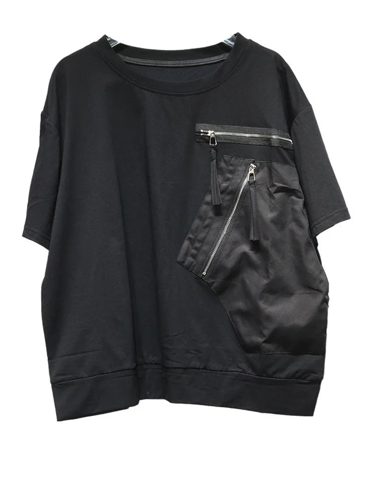 Women White Pocket Zipper Big Size Casual T-shirt New Round Neck Short Sleeve Fashion Tide Spring Summer 2025 1DJ0416