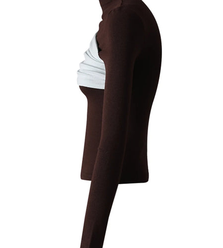 Women Black Coffee Color-block Elegant Slim T-shirt New Turtleneck Long Sleeve Fashion Tide Spring Autumn 2025 CPG3266