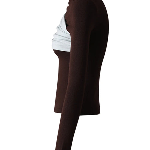 Load image into Gallery viewer, Women Black Coffee Color-block Elegant Slim T-shirt New Turtleneck Long Sleeve Fashion Tide Spring Autumn 2025 CPG3266
