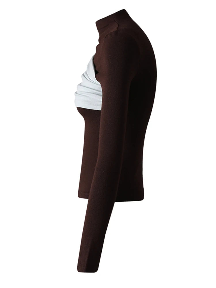 Women Black Coffee Color-block Elegant Slim T-shirt New Turtleneck Long Sleeve Fashion Tide Spring Autumn 2025 CPG3266