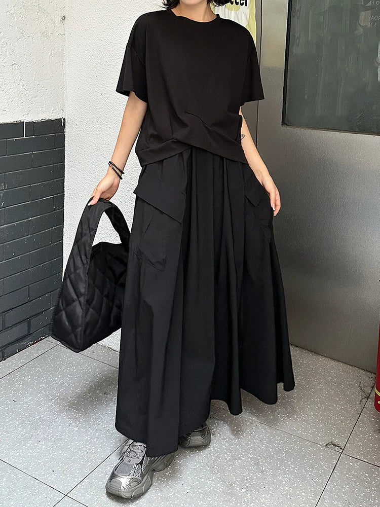 Women Black Irregular Spliced Big Size Casual T-shirt New Round Neck Short Sleeve Fashion Tide Spring Summer 2025 1DJ1297