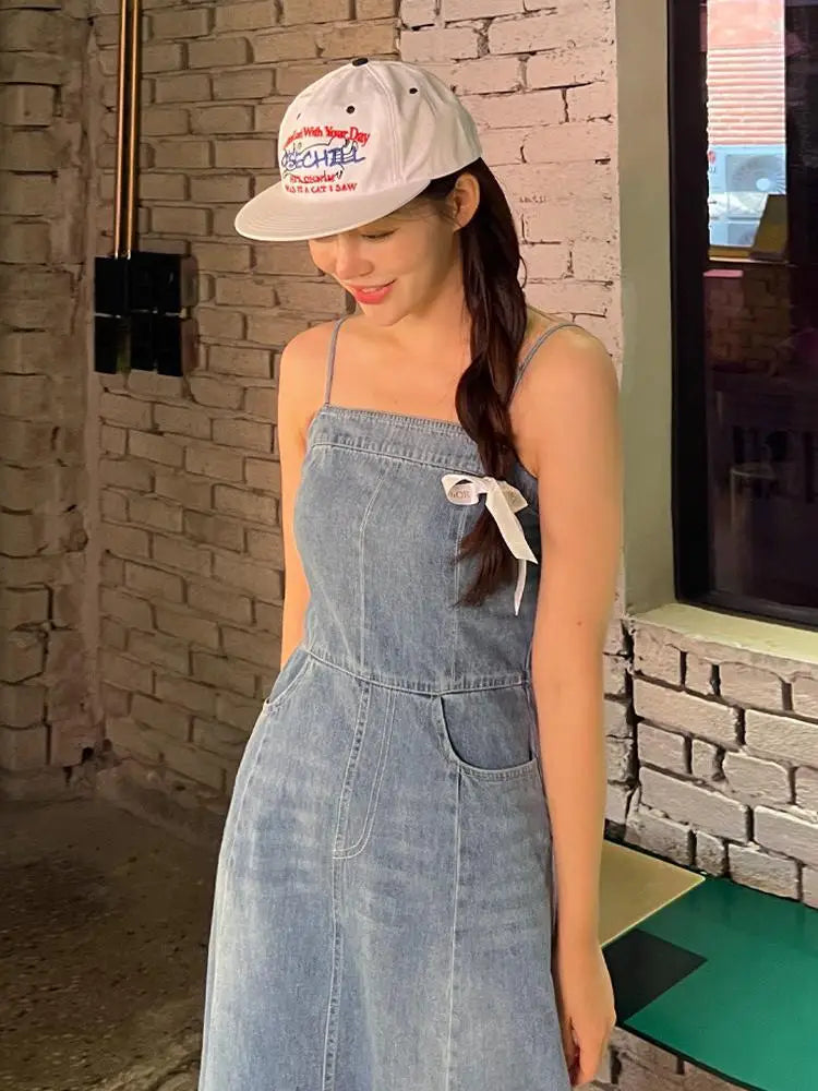 Vintage Sleeveless Backless Denim Long Dress Women Hot Summer High Waist Sexy Ladies Dresses Party Club Trendy Womens Clothes