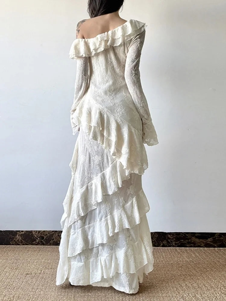 Women Apricot Ruffles Irregular Slim Elegant Long Dress New Diagonal Collar Long Sleeve Fashion Spring Autumn 2025 1DJ0523