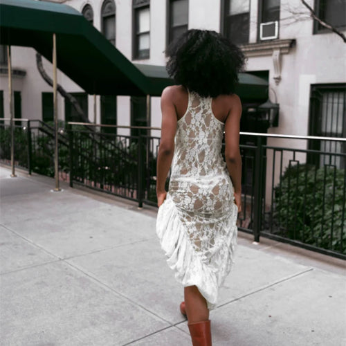 Load image into Gallery viewer, Lace See Through Ruffle Sexy Midi Dress Women Gown Summer Fashion High Waist Slim Thigh High Split Elegant Long Dress
