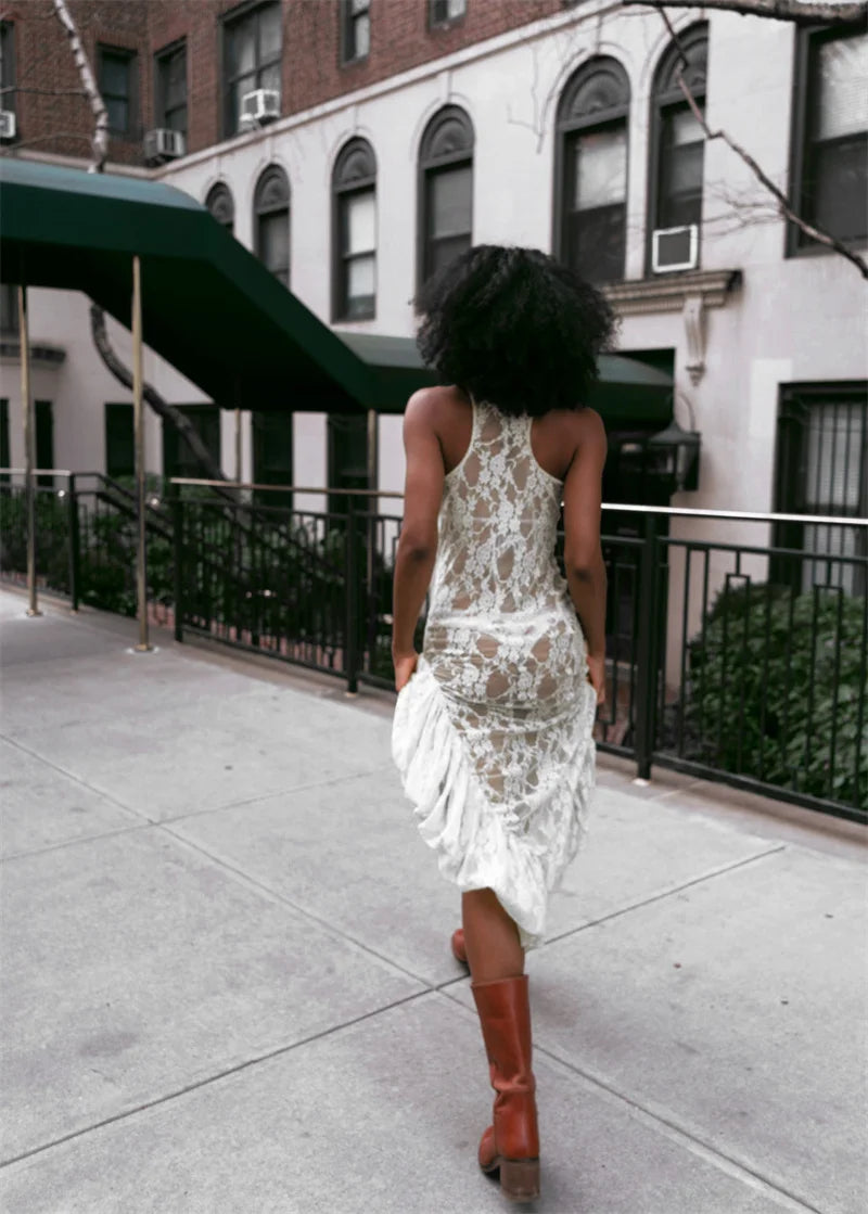 Lace See Through Ruffle Sexy Midi Dress Women Gown Summer Fashion High Waist Slim Thigh High Split Elegant Long Dress