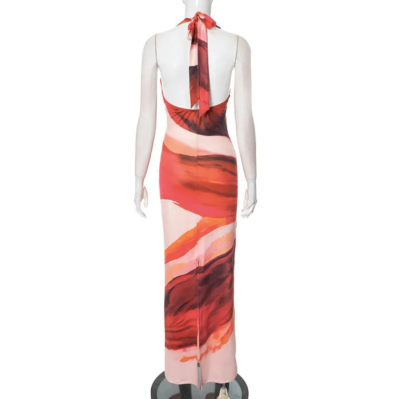 Halter Deep V Neck Print Sexy Maxi Dress For Women Fashion Lace-up Sleeveless Backless Bodycon Printed Long Dress