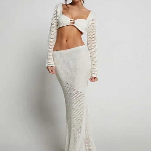 Load image into Gallery viewer, Sexy Lace Up Long Sleeve Casual Knitted Long Dress Set Women's Square Neck Top Long Dress Two Piece Beach Party Set
