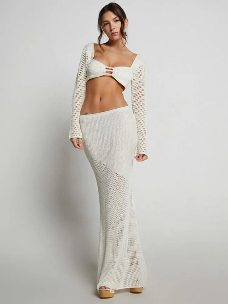 Sexy Lace Up Long Sleeve Casual Knitted Long Dress Set Women's Square Neck Top Long Dress Two Piece Beach Party Set