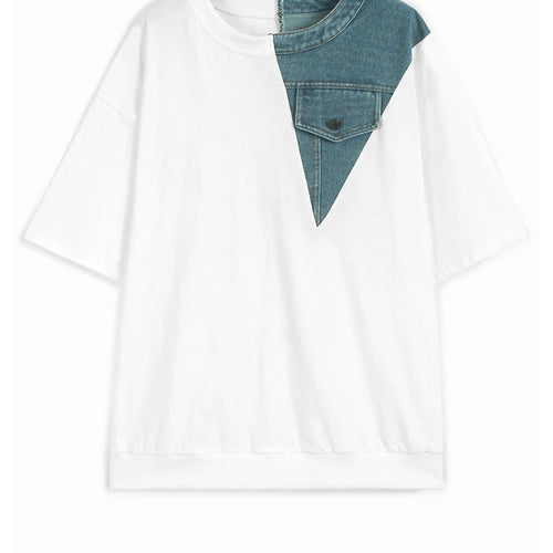 Load image into Gallery viewer, Women Gray Denim Color-block Big Size Casual T-shirt New Round Neck Short Sleeve Fashion Tide Spring Summer 2025 1DJ1354
