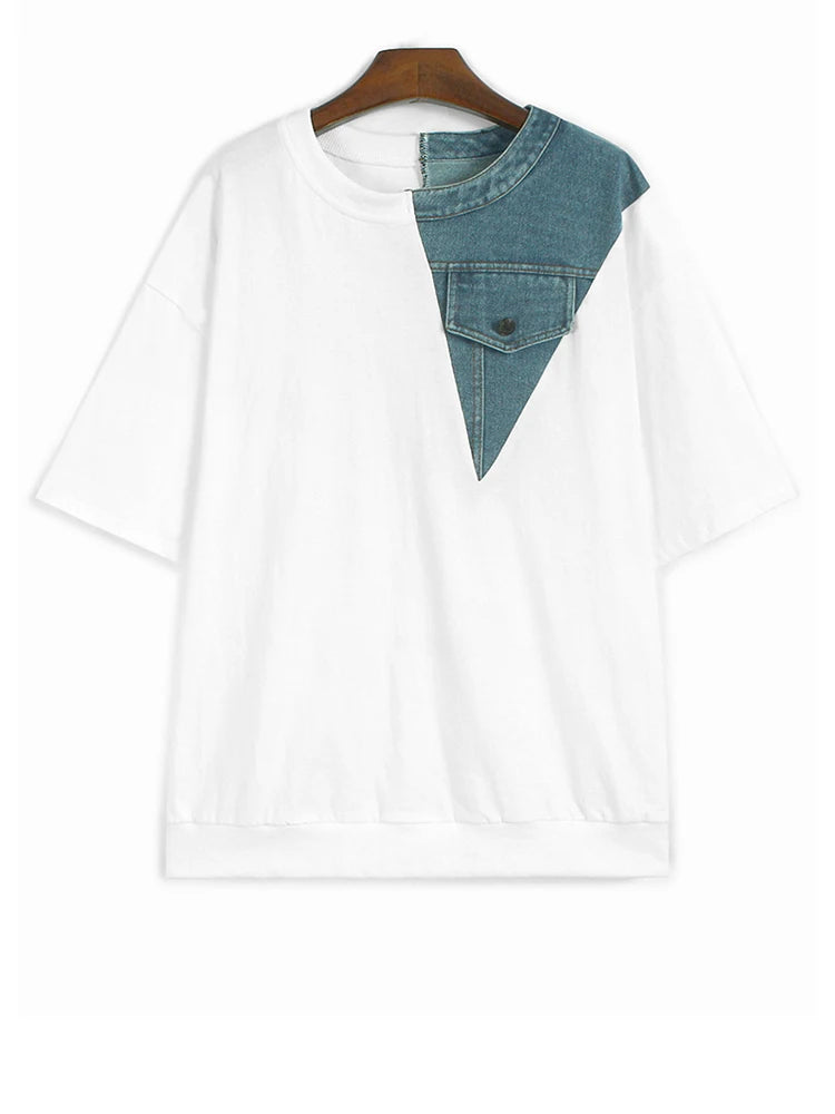 Women Gray Denim Color-block Big Size Casual T-shirt New Round Neck Short Sleeve Fashion Tide Spring Summer 2025 1DJ1354