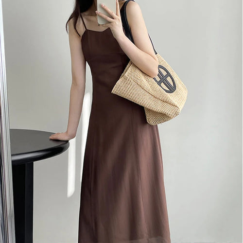 Load image into Gallery viewer, Elegant Summer Midi Dress Women Korean Slim Waist Simple Dresses Ladies Preppy Style Solid Color Sleeveless Dress Female
