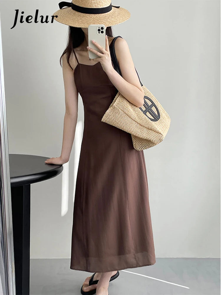 Elegant Summer Midi Dress Women Korean Slim Waist Simple Dresses Ladies Preppy Style Solid Color Sleeveless Dress Female