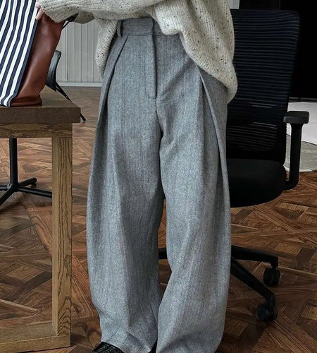 High Waist Brown Striped Pleated Long Thick Wool Wide Leg Pants New Trousers Women Fashion Tide Autumn Winer 2025 1DH7548