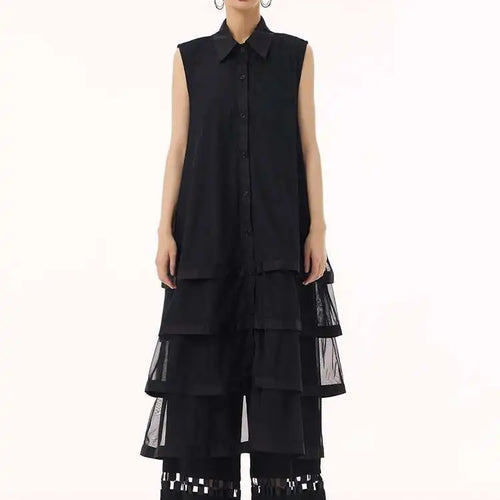 Load image into Gallery viewer, Women Black Layers Mesh Big Size Midi Vest Shirt Dress New Lapel Sleeveless Fashion Tide Spring Summer 2025 1DH9472
