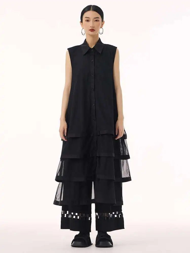Women Black Layers Mesh Big Size Midi Vest Shirt Dress New Lapel Sleeveless Fashion Tide Spring Summer 2025 1DH9472