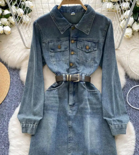 Autumn Retro Blue Long Sleeves Single Breasted Denim Mini Dress Korean Fashion Women Slim High Waist A-line Jeans Short Dresses