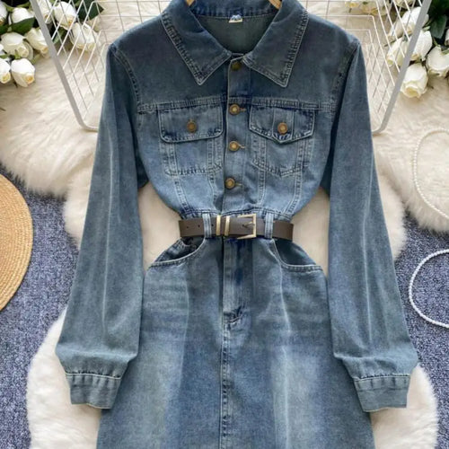 Load image into Gallery viewer, Autumn Retro Blue Long Sleeves Single Breasted Denim Mini Dress Korean Fashion Women Slim High Waist A-line Jeans Short Dresses
