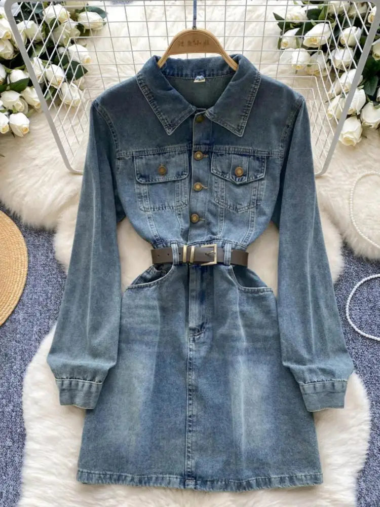 Autumn Retro Blue Long Sleeves Single Breasted Denim Mini Dress Korean Fashion Women Slim High Waist A-line Jeans Short Dresses