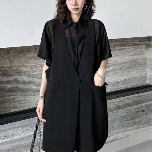 Load image into Gallery viewer, Women Black Pocket Perspective Big Size Mini Shirt Dress New Lapel Half Sleeve Fashion Tide Spring Autumn 2025 1DH5144
