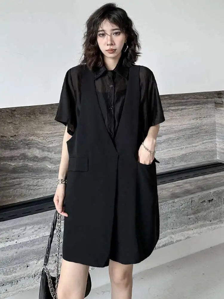 Women Black Pocket Perspective Big Size Mini Shirt Dress New Lapel Half Sleeve Fashion Tide Spring Autumn 2025 1DH5144