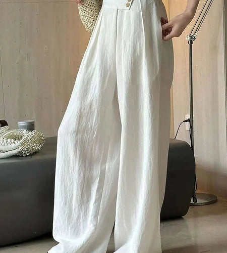 High Elastic Waist White Linen Pleated Long Elegant Wide Leg Pants New Trousers Women Fashion Spring Summer 2025 1DH6125