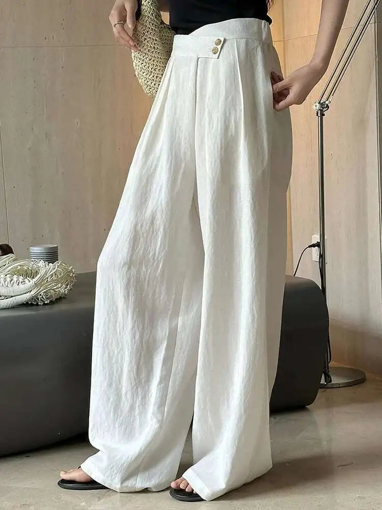 High Elastic Waist White Linen Pleated Long Elegant Wide Leg Pants New Trousers Women Fashion Spring Summer 2025 1DH6125