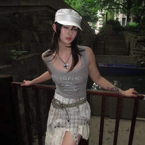 Load image into Gallery viewer, Japanese Y2k Lace Tank Top Trashy 2000s Style Letter Print Crop Top Vintage Harajuku Knitted Tanktop American Retro 90s
