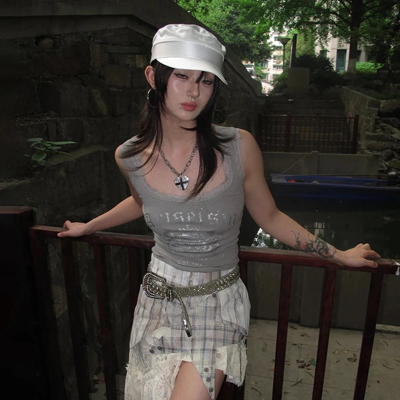 Japanese Y2k Lace Tank Top Trashy 2000s Style Letter Print Crop Top Vintage Harajuku Knitted Tanktop American Retro 90s