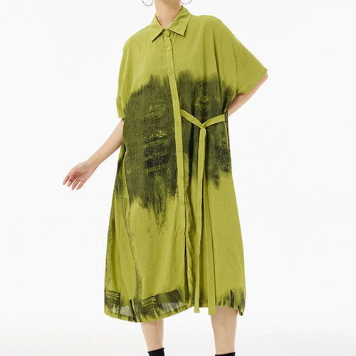 Load image into Gallery viewer, Women Green Pattern Printed Belted Big Size Shirt Dress New Lapel Short Sleeve Fashion Tide Spring Summer 2025  1DH5759
