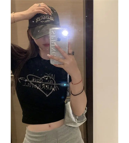 Ropa Mujer Bottoms White Tshirts for Women Diamond Letter Summer Tees Crop Tops Y2k Clothes Casual Fashion T-shirts 49B061