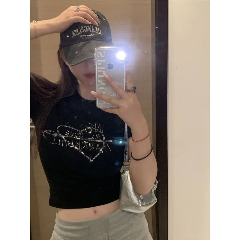 Ropa Mujer Bottoms White Tshirts for Women Diamond Letter Summer Tees Crop Tops Y2k Clothes Casual Fashion T-shirts 49B061