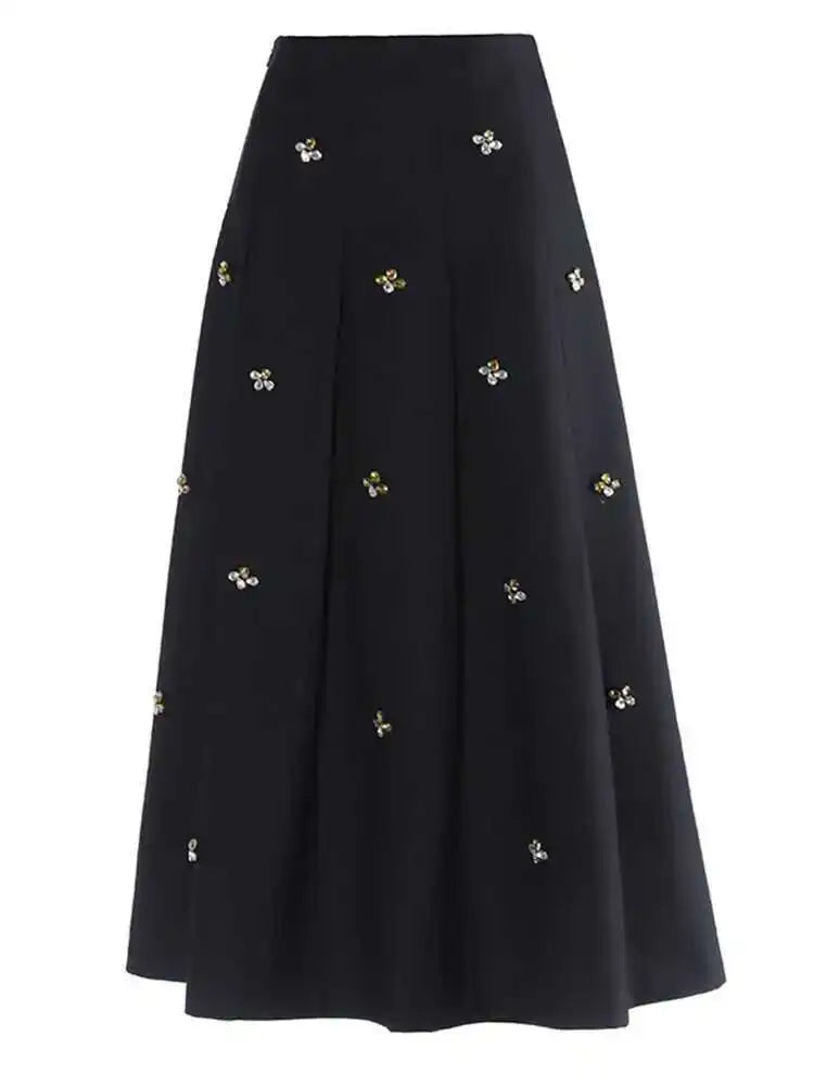High Elastic Black Rhinestones Pleated Elegant A-line Half-body Skirt Women Fashion Tide New Spring Autumn 2025 1DH2565