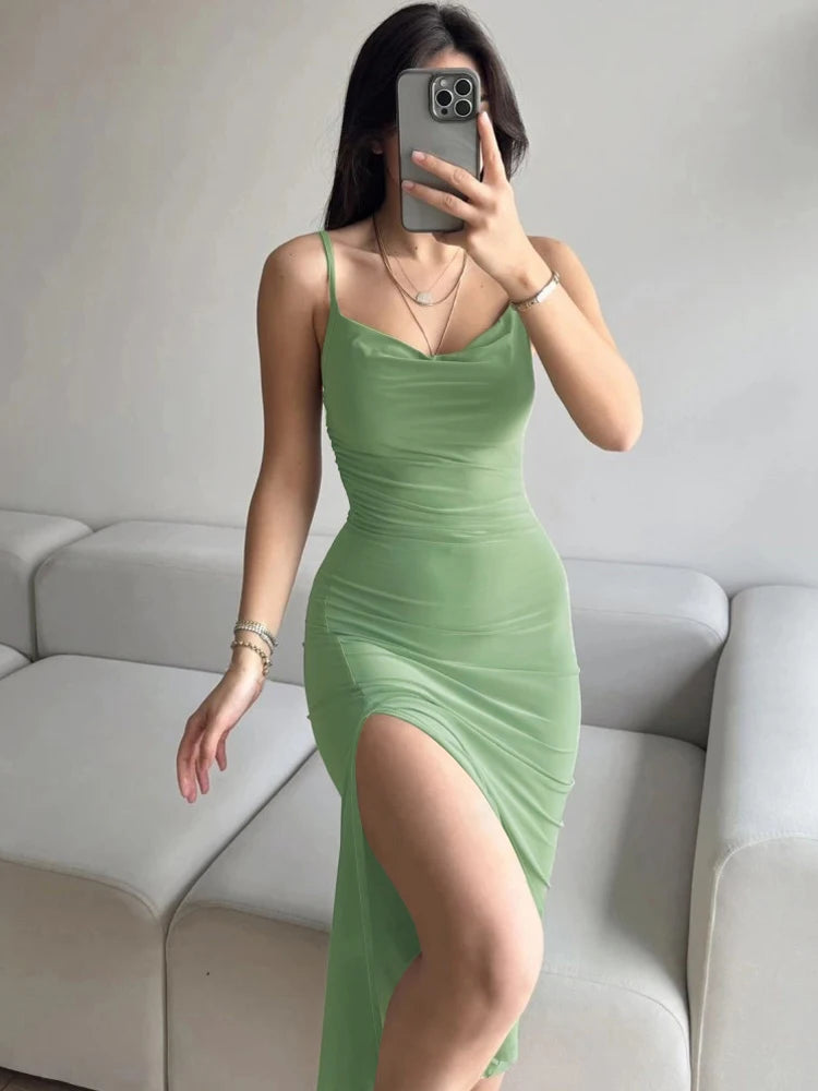 Elegant Solid Swinging Collar Slips Backless Slit Sexy Slim Midi Prom Dress Summer Women Clothes Party Festival
