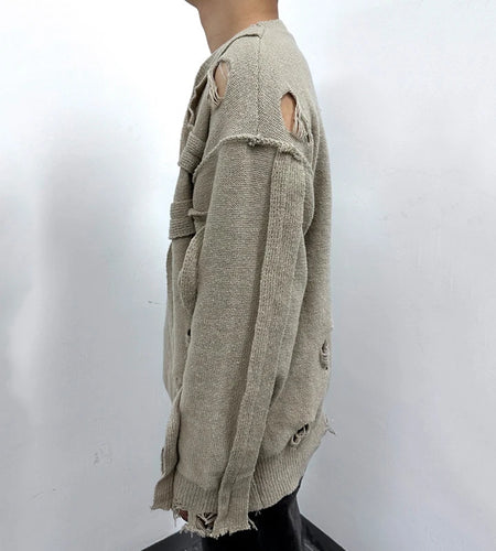 Men's Sweater Broken Hole Loose Long Sleeved New Korean Winter Round Neck Worn-out Design Male Casual Clothing 9W1826