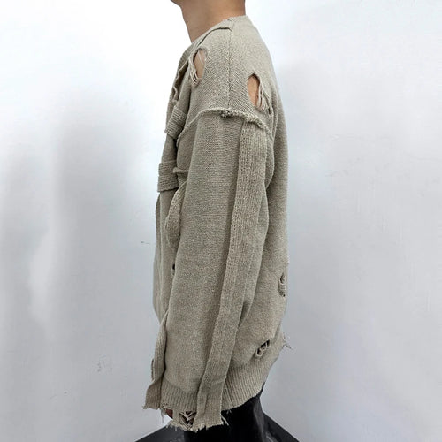 Load image into Gallery viewer, Men&#39;s Sweater Broken Hole Loose Long Sleeved New Korean Winter Round Neck Worn-out Design Male Casual Clothing 9W1826
