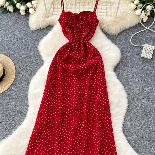 Load image into Gallery viewer, French Women Red Print Elegant Slim Lace-up Slip Long Dress 2025 Summer New Retro Sleeveless Holiday Party Dress Fashion Popular
