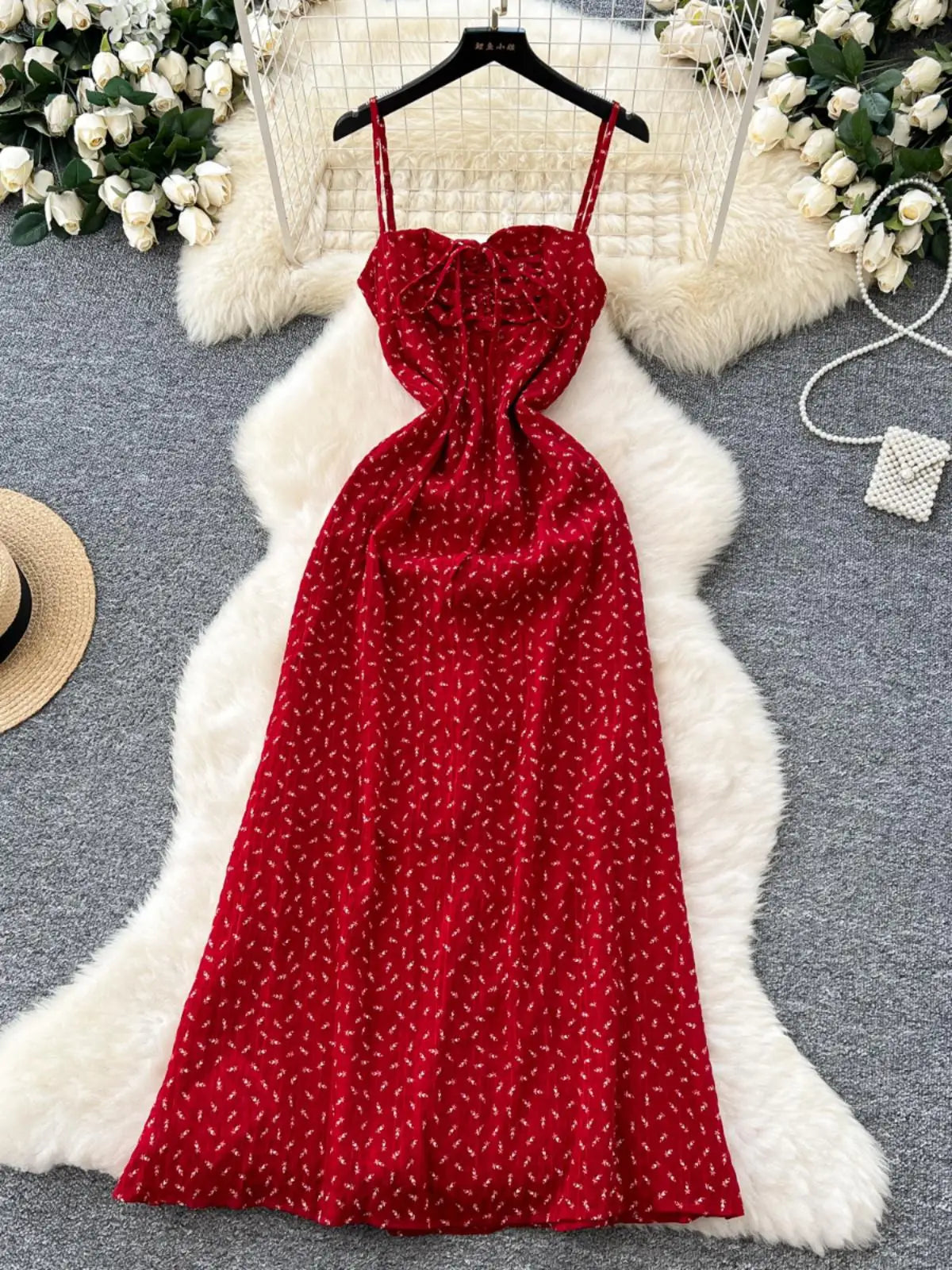 French Women Red Print Elegant Slim Lace-up Slip Long Dress 2025 Summer New Retro Sleeveless Holiday Party Dress Fashion Popular