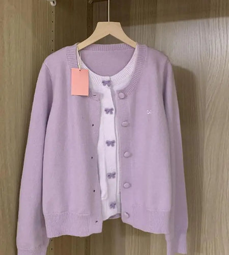 French Vintage Purple Patchwork Bow Single Breasted Cardigan Sweater Women Autumn Winter Round Neck Long Sleeve Knitwear Tops