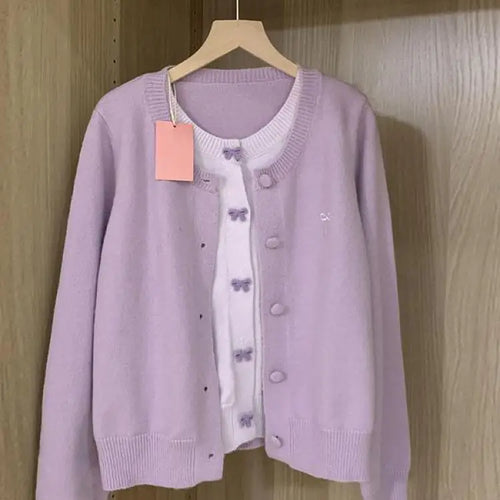 Load image into Gallery viewer, French Vintage Purple Patchwork Bow Single Breasted Cardigan Sweater Women Autumn Winter Round Neck Long Sleeve Knitwear Tops
