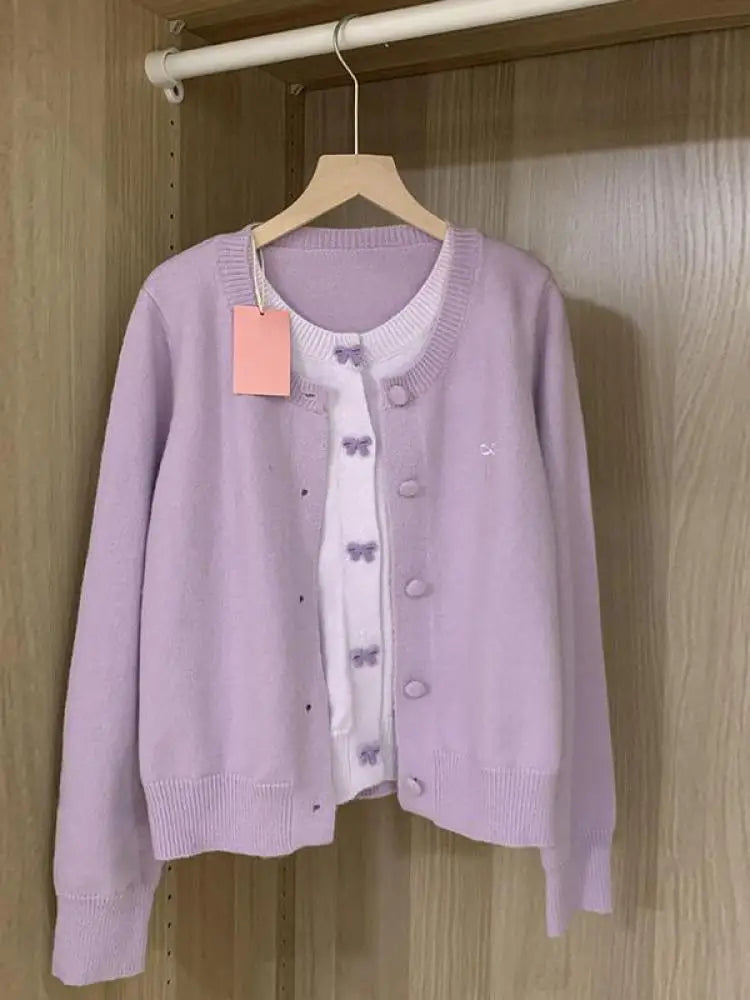 French Vintage Purple Patchwork Bow Single Breasted Cardigan Sweater Women Autumn Winter Round Neck Long Sleeve Knitwear Tops