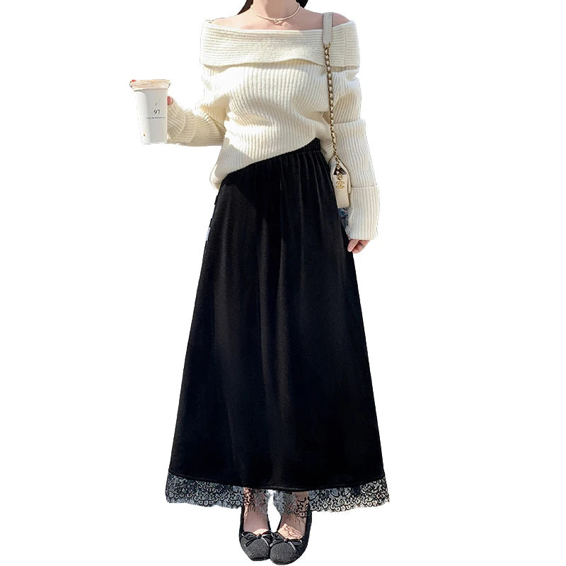 French Fashion Women Black Velvet Lace Elegant Vacation Pleated Long Skirt 2024 Autumn Winter New Elastic High Waist Party Skirt