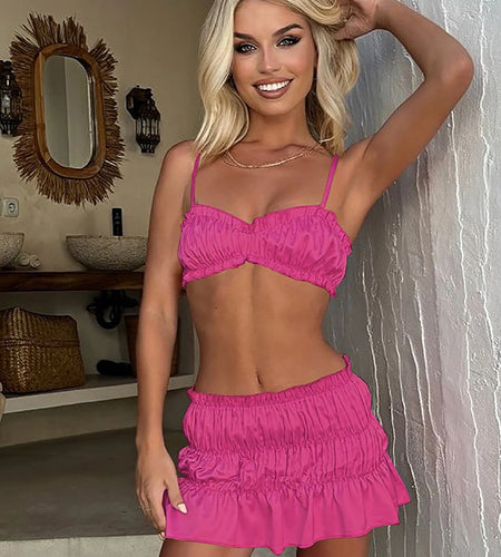 Women Elegant 2 Pcs Sets Solid Slips Ruched Sexy Slim Crop Camis Skirt Summer Women Clothes Beach Festival Party