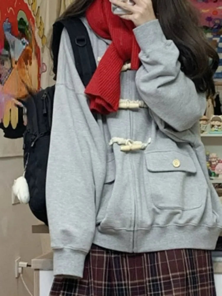 Y2k Aesthetic Horn Button Jacket Womens Jackets 2025 Autumn New Korean Kawaii Solid Preppy Clothes Casual All Match Femme Tops