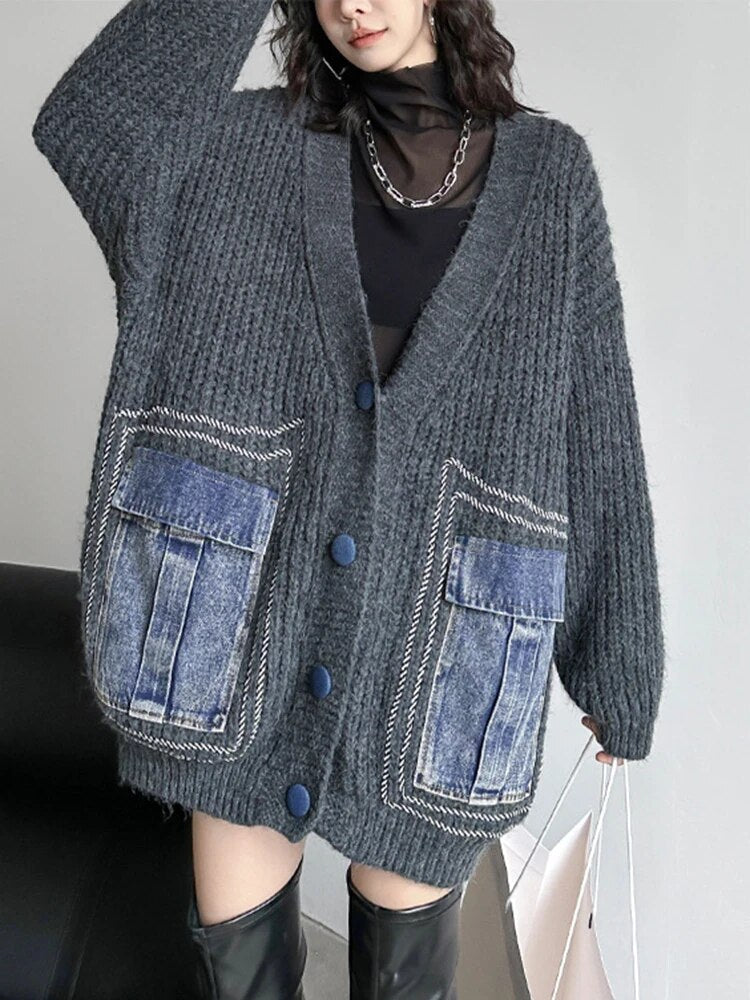 Colorblock Patchwork Denim Knitting Sweater For Women V Neck Long Sleeve Patchwork Button Casual Sweaters Female