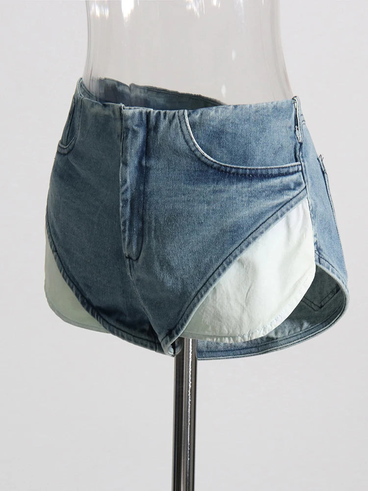 Patchwork Hit Color Shorts For Women High Waist Patchwork Zipper Casual Loose Denim Short Length Pants Female 2023