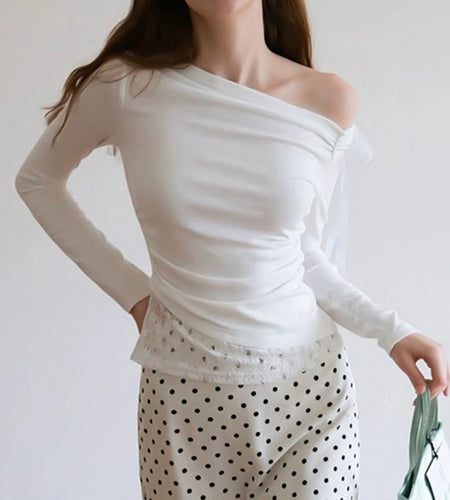 Coquette Crop Tops y2k Women Clothing Bow Lace Patchwork Off Shoulder Long Sleeve T Shirts 2000s Clothes Streetwear