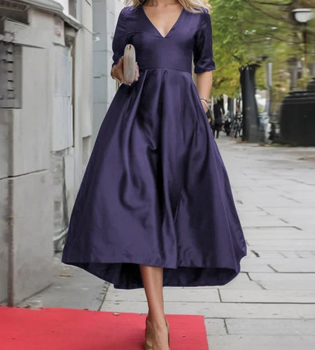Women Party Dresses Half Sleeves V-neck Pleated Long Sleeves Solid Purple Green Black Evening Christmas Long Dresses